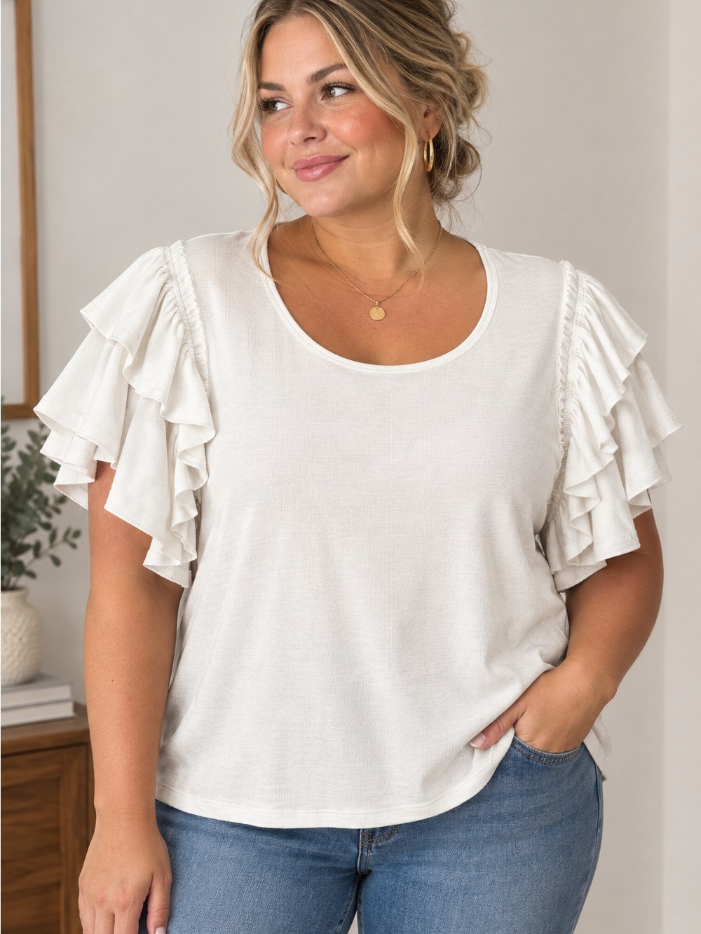 Cato White Boho Ribbed Knit Ruffle Flutter Short Sleeve Scoop Neck Top. XXL